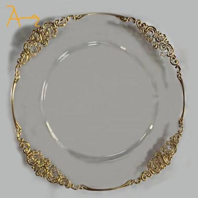 China Sustainable Popular acrylic plastic charger plates for wedding decorative clear charger plates with gold silver reef cloud rim for sale