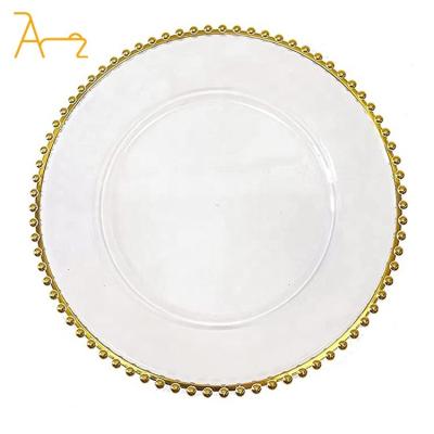 China Sustainable Hot selling Wedding Desktop Decoration With Silver Beaded Rim Dinner Plates Gold edge bead Clear Round Glass Charger Plate for sale