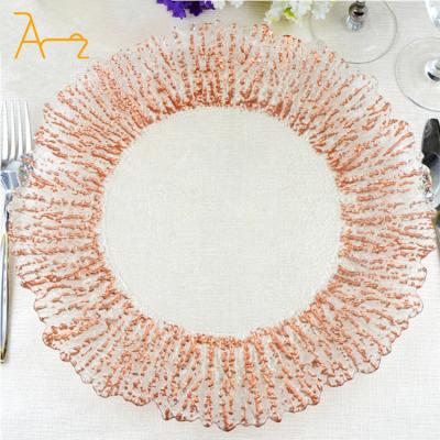 China Sustainable Luxury Elegant 13 inch Gold Reef Charger Plates Party Decoration Set Plate Glass Charger Plates Wedding for sale