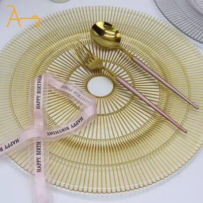 China Sustainable Customized Wedding Banquet Decor Glass Underplates Luxury Clear Gold Rim Home Party Event Glass Dinner Plates for sale