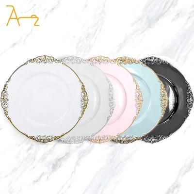 China Sustainable High quality unbreakable multiple colors acrylic rose gold rim clear charger plates plastic dinner dish plates for wedding for sale