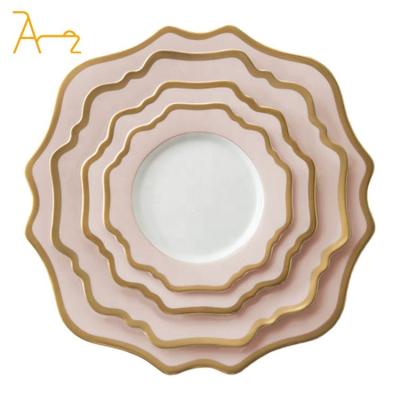 China Sustainable Wholesale Fancy Porcelain Dishes Sunflower Shape Gold Rim Dinnerware Hotel Restaurant Wedding Dessert Dinner Plates Ceramic Set for sale