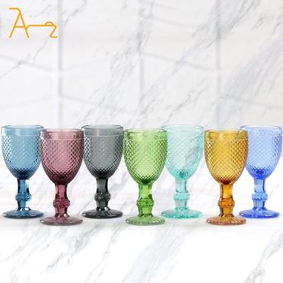 China Luxury Colorful Vintage Wine Glasses Wedding Banquet Party Glassware Factory Wholesale Blue amber 50 ml Colored Glass Water Goblet for sale