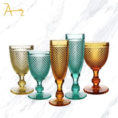 China Sustainable Powerful Factory Direct Sale Wedding Glass Sets Amber Pink Purple Vintage Wine Glass Embossed Engraved Colored Goblets for sale