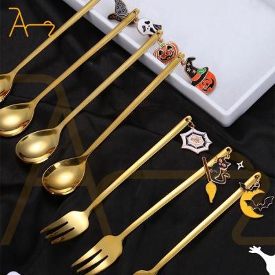 China Sustainable New High Quality Christmas Halloween Gift Silverware Sets Gold Stainless Steel Cutlery Set 4 pcs Spoons Forks and Knives Wedding for sale