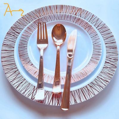 China Luxury Elegant Wholesale Disposable Plastic White And Gold Color Round Shape Custom Dinnerware For Party Wedding Gold Rim Plastic Plates for sale