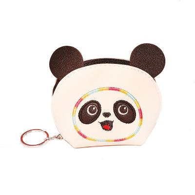 China Portable Pocket Girls Earphone Bag Children Embroidery Panda Coin Purse Pu Leather Oval Card Bag Earphone Key Wallet Zipper for sale