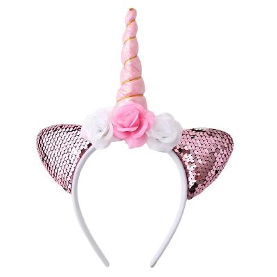 China Low MOQ Unicorn Horn Head Hair Band Rainbow Sequin Cat Ear Circle Girl Party Headband Birthday Gift Flower Hairband Kids Decoration for sale