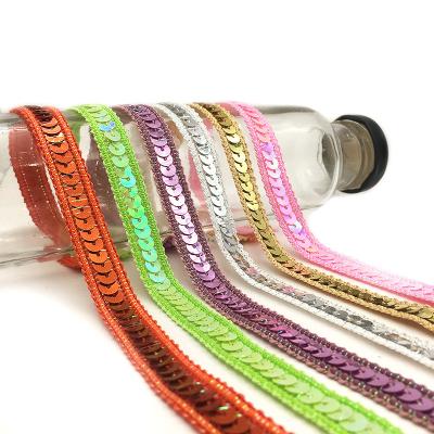 China Garment Decoration Sequin Trim Eco-friendly Fabric Ribbon Trim Colorful Sequin Stretch Braid Sequin To Trim 1.2cm 12mm 25YD for sale