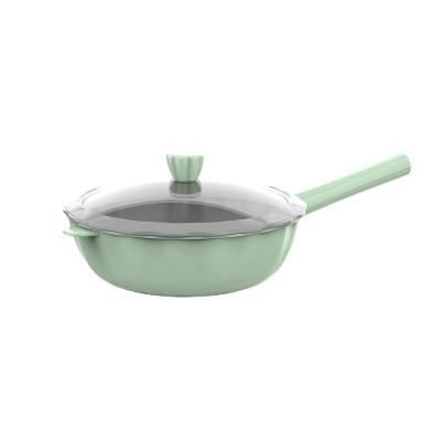 China 28/30cm durable die-cast wok aluminum non-stick coating pan with glass lid or die-cast lid phenolic handle and knob with wood printing for sale