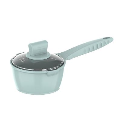 China 16/18cm Viable Die Cast Sauce Pan Aluminum Nonstick Coating Phenolic Handle and Knob with Sauce Pan Hole Wood Printing Induction for sale