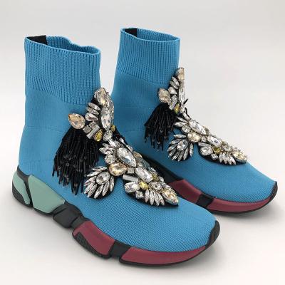 China Fashion Trend Rhinestone Sneakers Crystal Women Fashion Sneakers Stretch Luxury Sock Boots Sport Knitting Handmade Sock Sneakers Red Casual Shoes for sale