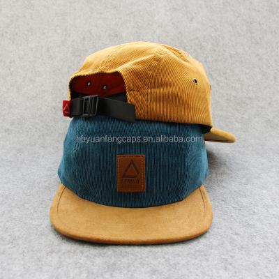 China COMMON High Quality Suede Leather Edge Patch Corduroy 5 Panel Custom Leather Hat for sale