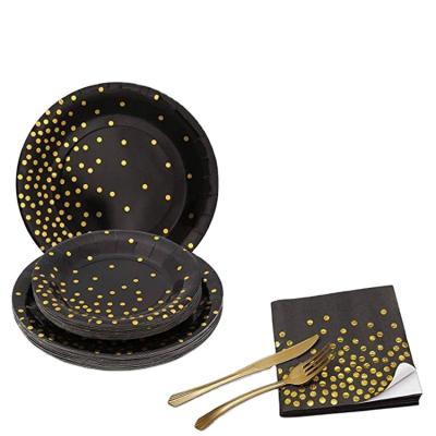 China Home.Restaurant.Bar.Hotel.Wedding Disposable Party Set Black Gold Dot Cake Tableware Sets Plate Fork Knife Birthday Party Plastic Disposable Tableware Set for sale