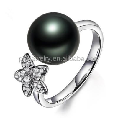 China Fine Jewelry POT Casual/Sport! 925 Sterling Silver Black Pearl Flower Finger Size Open Ring for sale