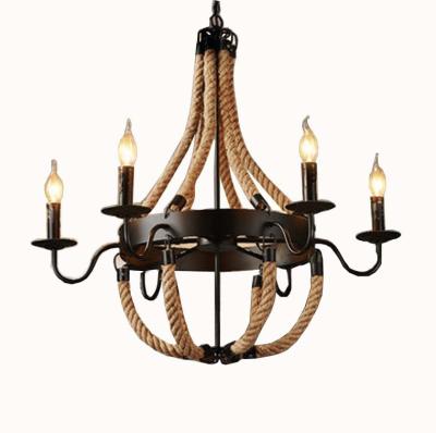 China American Style Hemp Iron Rope Chandelier 3/6/8 Lamps Art LED Candle Light Shape Contemporary Western Head Decorative Bar Pendant Lamp for sale