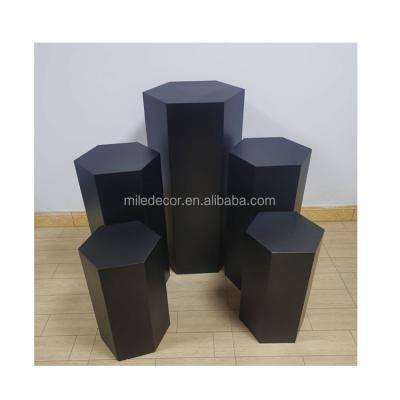 China Wedding Black Hexagon Dessert Stage Decoration Table Cake Flower Stand Pillars Pedestals Show Set for sale