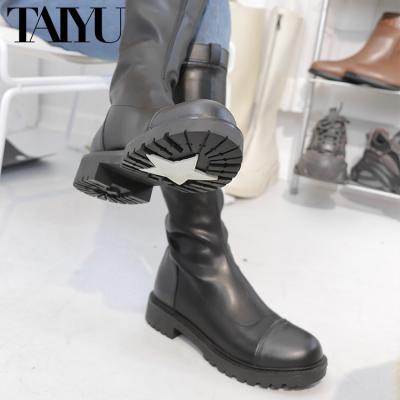 China Custom Fashion Trend Cowhide Leather Trim High Long Stretch Non-slip Boots Round Toe Ladies Shoes Rider Women High Boots Ladies Knee Boots for sale