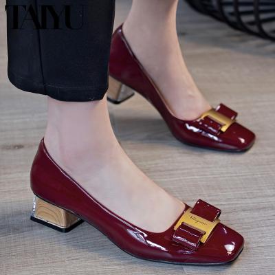 China 2022 Factory Direct Supply Red Leather Breathable Metal Buckle High Heel Shoes Women Low Pumps Office Ladies Transparent Heels for sale