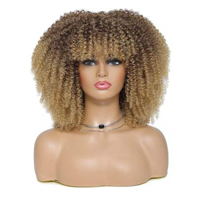 China Body Wave Short Hair Afro Kinky Curly Wigs With Bangs For Black Women African Synthetic Ombre Wigs Glueless Cosplay High Temperature for sale