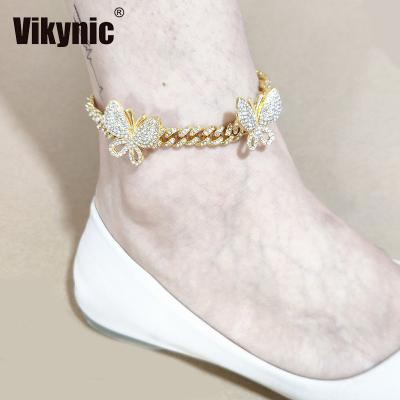 China Gold Plated Hiphop Hip Hop Diamond Chain Two Butterfly Cuban Link Chain Cubic Zircon Iced Out Cuban Link Chain Anklets for sale