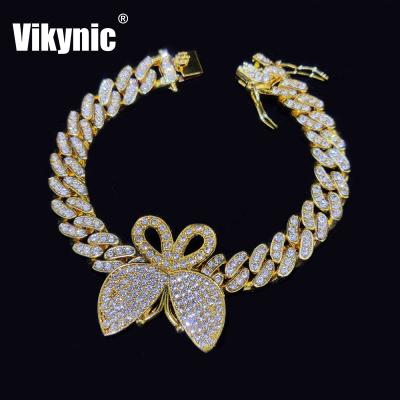 China Hiphop Hip Hop 18K Gold Plated Single Row Diamond Chain Butterfly Cubic Zirconia Bracelet Iced Out Bracelet Cuban Link Bracelet for sale