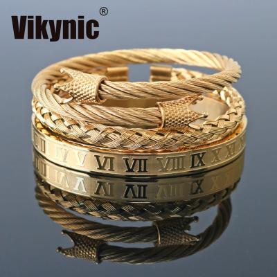 China Vintage 3pcs/Set Adjustable Gold Plated Roman Numerals Cuff Bangle Set Men's Stainless Steel Punk Bangle Twisted Screws for sale