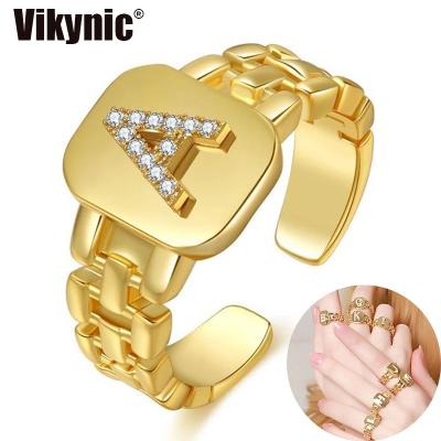 China Hiphop New Fashion Adjustable Alphabet Letter Gold Plated Brass Zircon Cuban Link Ring Iced Out Ring Cubic for sale