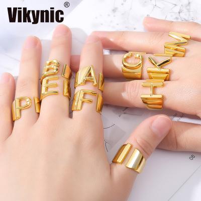 China 2021 Fashion Adjustable Open Alloy Letter Ring Gold Plated Silver Plated Initial Alphabet Open Ring for sale