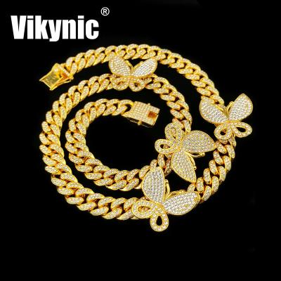 China Hip Hop Hip Hop 22K Gold Plated Cubic Zircon Necklace Diamond Chain Cuban Link Chain Necklace Four Butterfly Iced Out Cuban Link Chain for sale