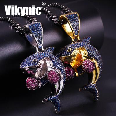 China Hiphop Hip Hop 18k Gold Plated Cubic Zircon Boxing Pendant Colorful CZ Shark Charm Pendant Brass Cuban Link Iced Out Pendant for sale