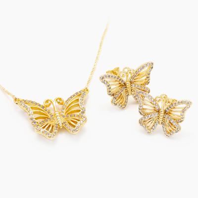 China CLASSIC Designer Jewelry Womens 18K Fine Gold Plated With Zircon Butterfly Necklace Earrings Set for sale