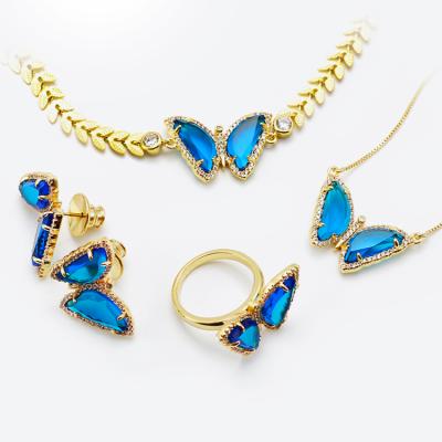 China CLASSIC Women Jewelry Set Designer Maids Multicolor Gold Plated With Zircon Butterfly Clavicle Chain Necklace Earrings Ring Set for sale