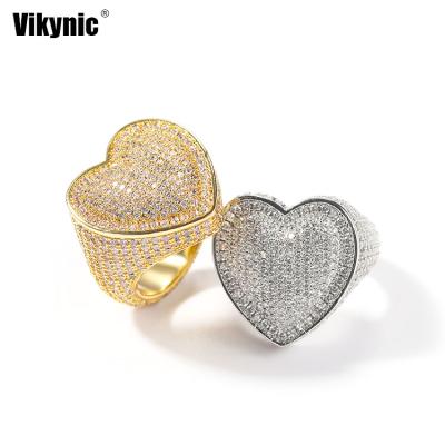 China Silver Full Diamond Zircon Cuban Link Chain 8mm Finger Hiphop Hiphop Rings HEART Gold Copper Plating Cuban Rings for sale