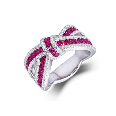 China FASHIONABLE Bowknot Diamond Ring Irregular Cross Sliver Ring Female Silver Inlaid Ruby Band Fine Jewelry for sale