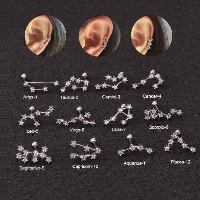 China Creative Hiphop Zodiac Earrings Stainless Steel Zircon Earrings Bone Studs Exquisite Ear Cartilage Piercing Jewelry for sale