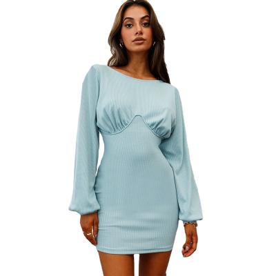 China Anti-Static Women's Bodycon Sweater Dress Puff Sleeve Sheath Dress Rib Knitted Club Pencil Midi Casual Dresses for sale