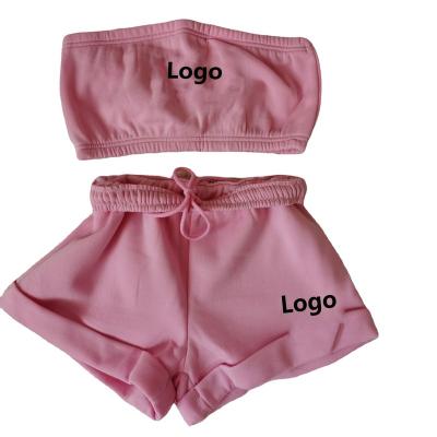 China 2021 New Arrival Embroidery Logo Two Pieces Set Chest Wrap Breathable Crop Top Shorts Women Clothing Solid Color Sport Set Custom Logo for sale