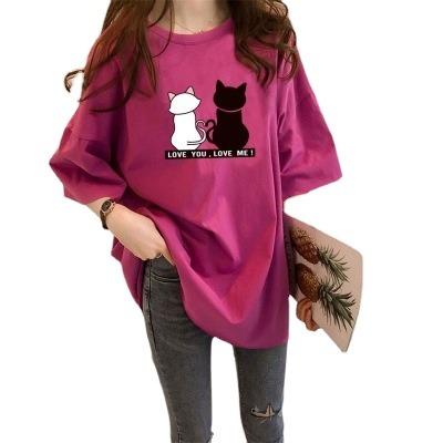 China Black and White Women Cat Cartoon Pattern Casual Pullover Anti-wrinkle Round Neck T-shirt Short Sleeve Sweater Graphic Tees for sale