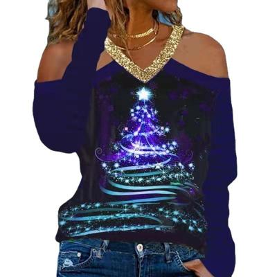 China Anti-pilling Christmas Print Off Shoulder Plus Size Loose V-neck Long Sleeve Sweater Ladies Knitwear Sweater for sale