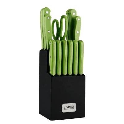 China Sustainable 14 Pcs POM Handle Stainless Steel Kitchen Knife Set With Wooden Block for sale