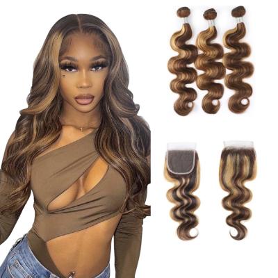 China Body Wave ZSF Body Wave Bundles With Closure Highlights #4/27 Colored Virgin Hair Wholesale Brazilian Hair For Black Women for sale