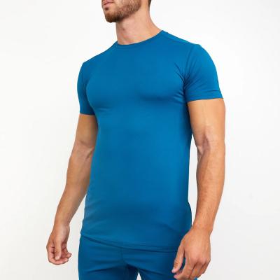 China Anti-Wrinkle Men Update Blue Polyester Spandex T-shirt Crew Neck Sport Wear T-shirts Wholesale With Mesh Block for sale