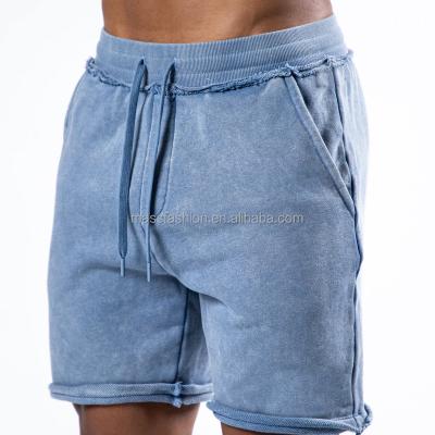 China Latest Design Anti-Wrinkle Fitness Gym Shorts Blue Acid Wash Men Sport Wear Boxer Shorts With Two Side Pockets And Rib Waist for sale