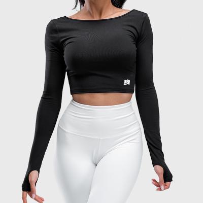 China Classic Black Yoga Stretch T-shirt Women Anti-Pilling Long Sleeve Polyester Spandex Crop Top T-Shirt for sale