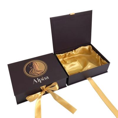 China Custom Reused Logo Box Luxury Ribbon Hair Extension Materials Wig Packaging Magnetic Foldable Silk Satin Coated Gift Boxes for sale