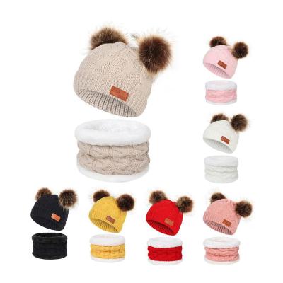 China Two-Piece Set of Custom Warm Coarse Twist Knitted Hat and Winter Kids Wool Ball Scarf Double, Baby Thickened Cold Proof Knitted Hat for sale