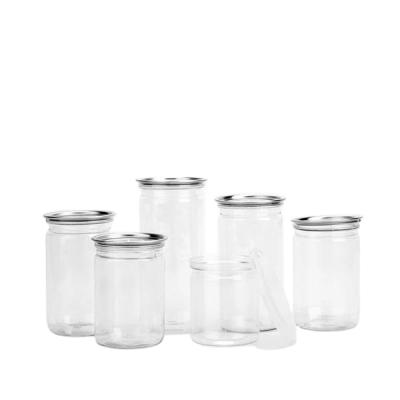 China Tmy300-5:65 Recyclable Plastic Packaging 200ml Pet Nuts Jars Round Food Grade Clear Plastic Jars for sale