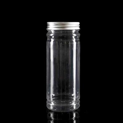 China Clear Appearance Look Nice 12oz 330ml Round Plastic Candy Jar Cookie Storage Bottle With Silver Aluminum Lids Perfect For Finger Stick Cookies for sale