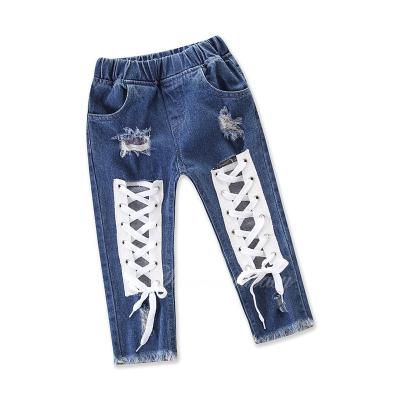 China 2018 Breathable Hollow Kids Lace Up Girl Pants Clothes Babies Jeans For Kids Fashion Children Girls Jeans Pants for sale